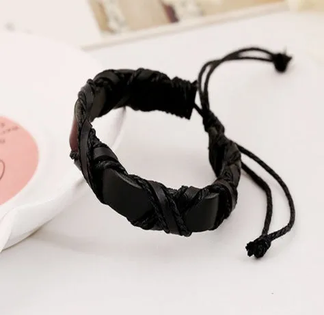 Asgard crafted leather Nordic arm bracelet in brown cowhide with black hemp rope adjustable fit