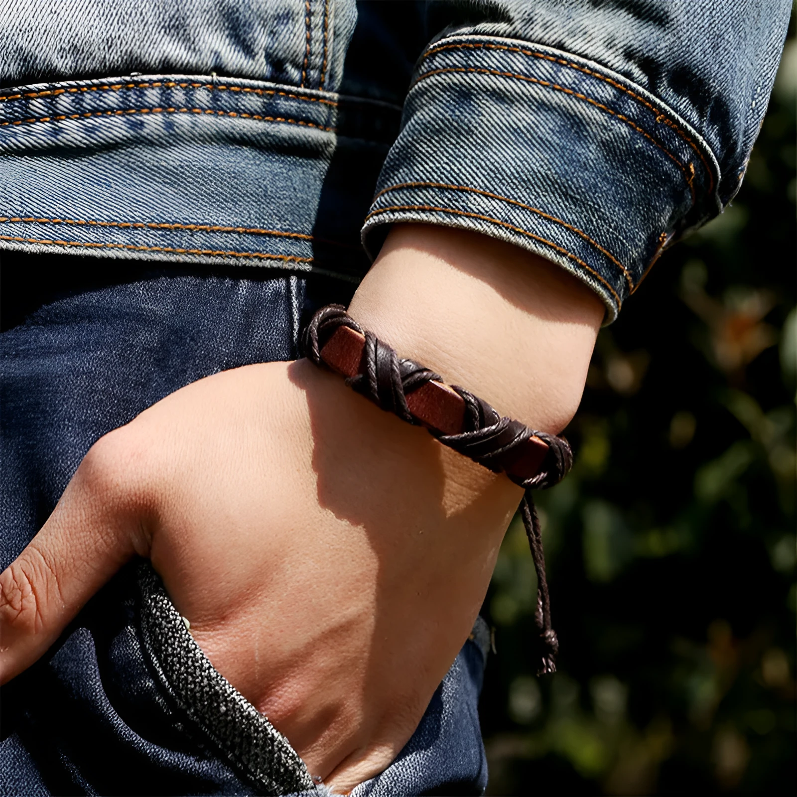 Asgard crafted leather Nordic arm bracelet in brown cowhide with black hemp rope adjustable fit