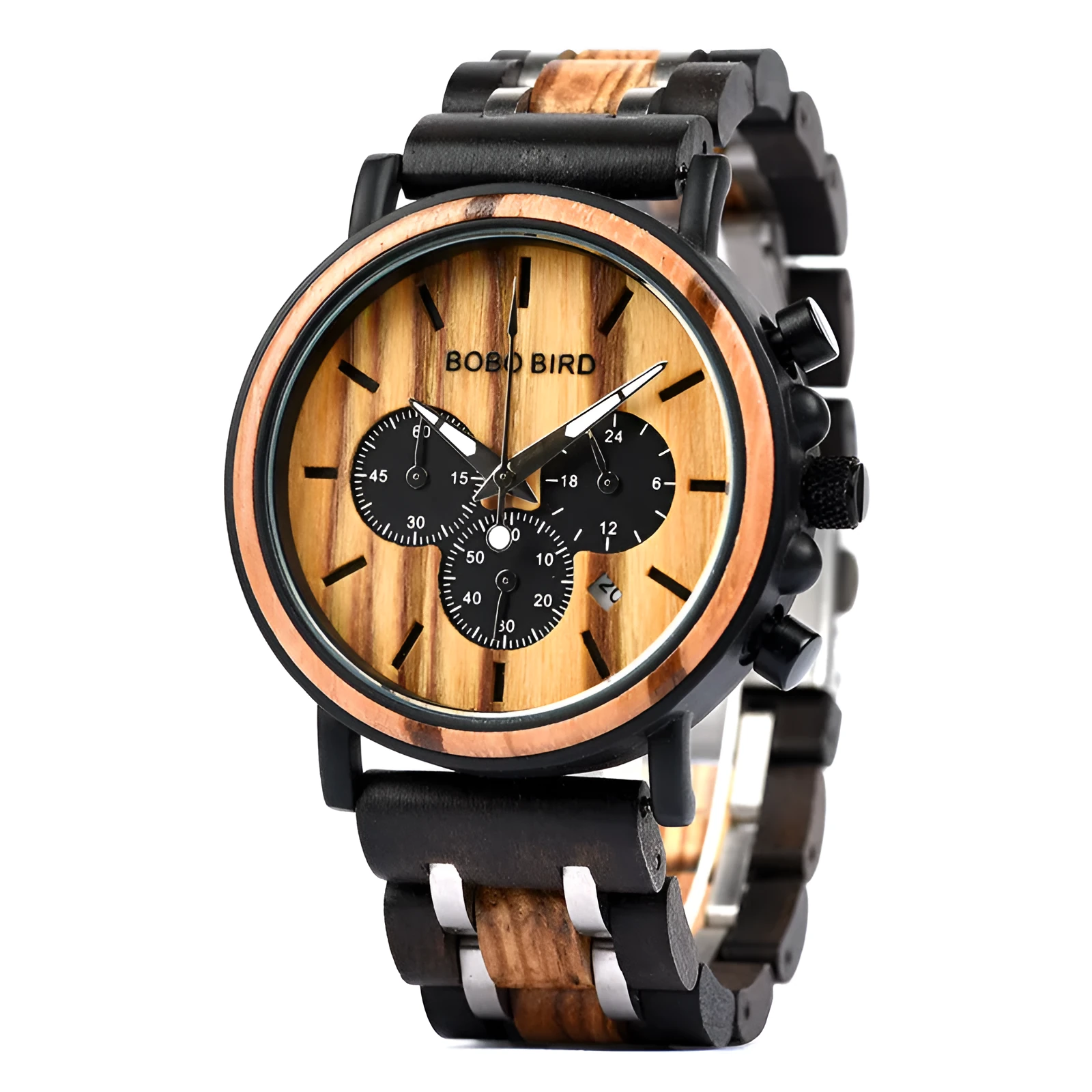 Wooden watch with pointer and number display, mineral glass, wood strap and case, with square box