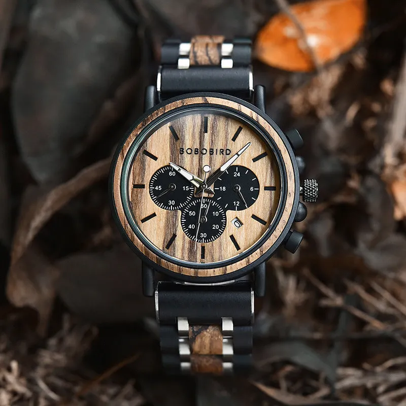 Wooden watch with pointer and number display, mineral glass, wood strap and case, with square box