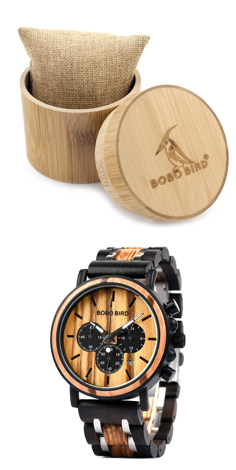 Wooden watch with pointer and number display, mineral glass, wood strap and case, with square box