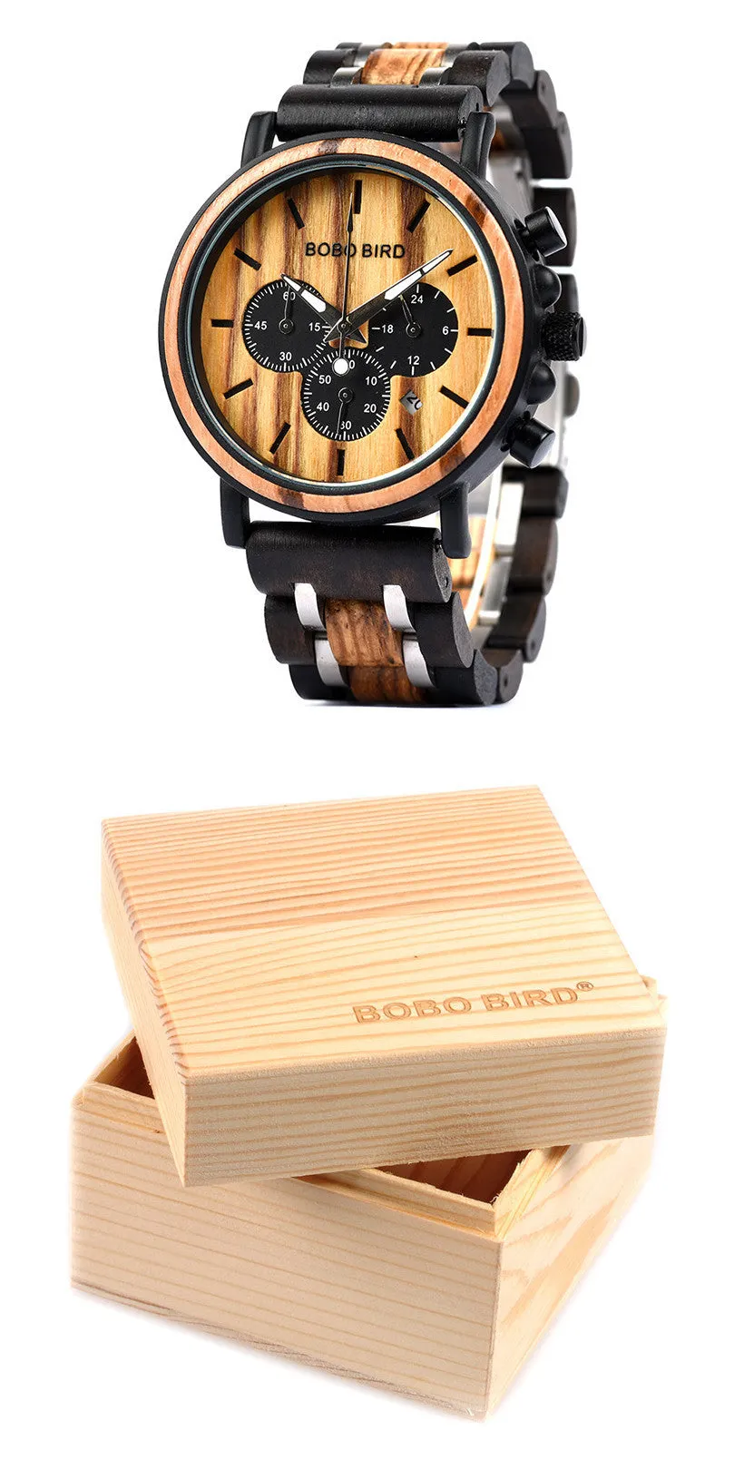 Wooden watch with pointer and number display, mineral glass, wood strap and case, with square box