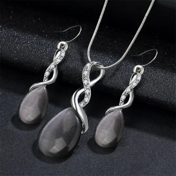 Fashion opal and cubic zirconia jewellery set with water drop pendant necklace and matching drop earrings