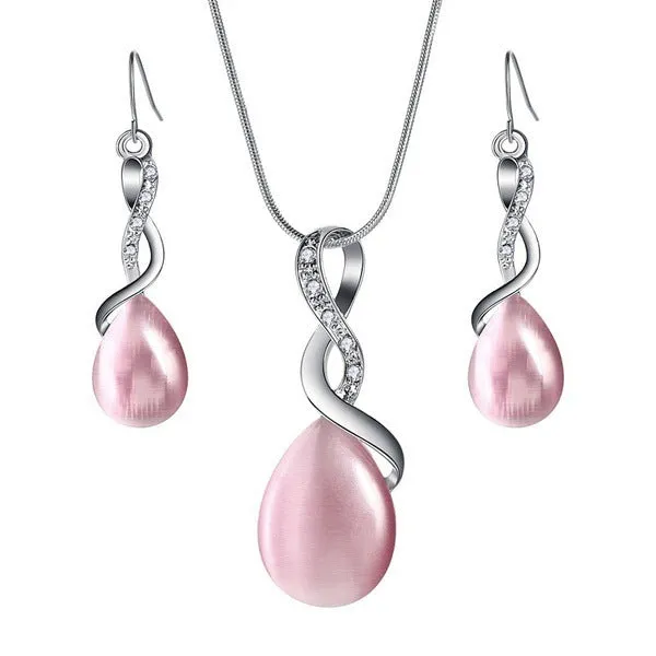 Fashion opal and cubic zirconia jewellery set with water drop pendant necklace and matching drop earrings