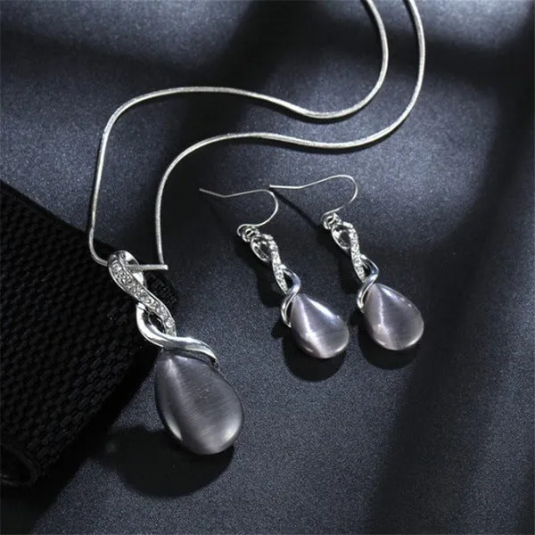 Fashion opal and cubic zirconia jewellery set with water drop pendant necklace and matching drop earrings