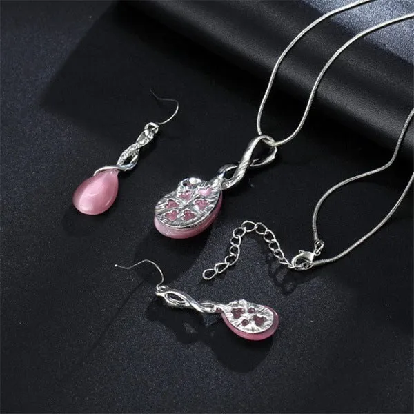 Fashion opal and cubic zirconia jewellery set with water drop pendant necklace and matching drop earrings