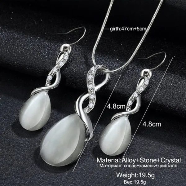 Fashion opal and cubic zirconia jewellery set with water drop pendant necklace and matching drop earrings