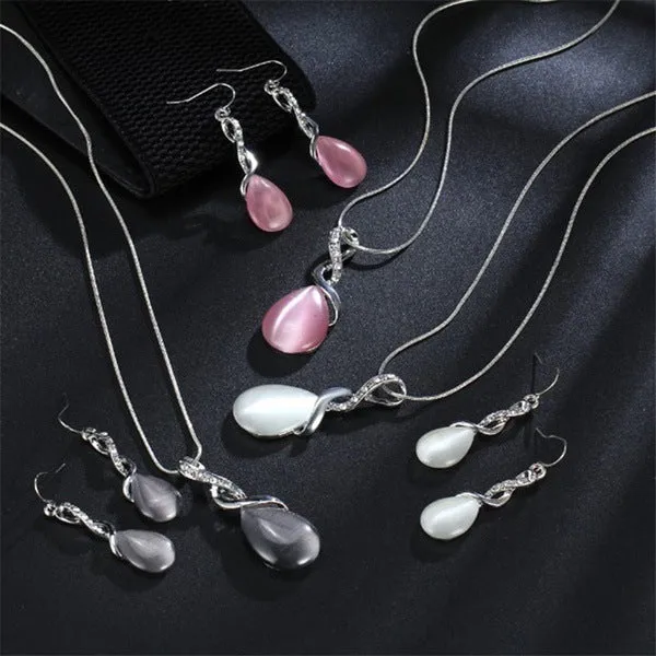 Fashion opal and cubic zirconia jewellery set with water drop pendant necklace and matching drop earrings