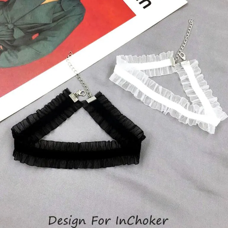 Velvet ruffled clavicle necklace with floral alloy pendant on snake bone chain in black, light coffee, or white.