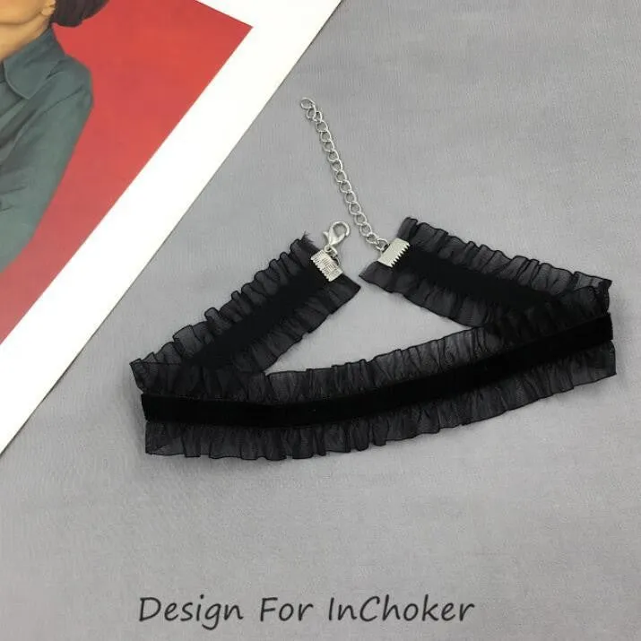 Velvet ruffled clavicle necklace with floral alloy pendant on snake bone chain in black, light coffee, or white.
