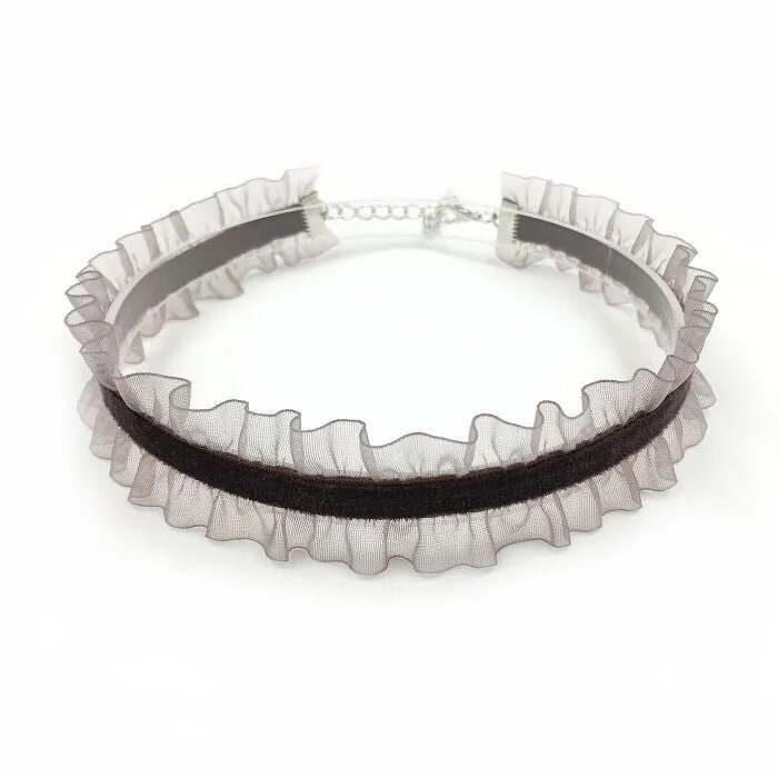 Velvet ruffled clavicle necklace with floral alloy pendant on snake bone chain in black, light coffee, or white.