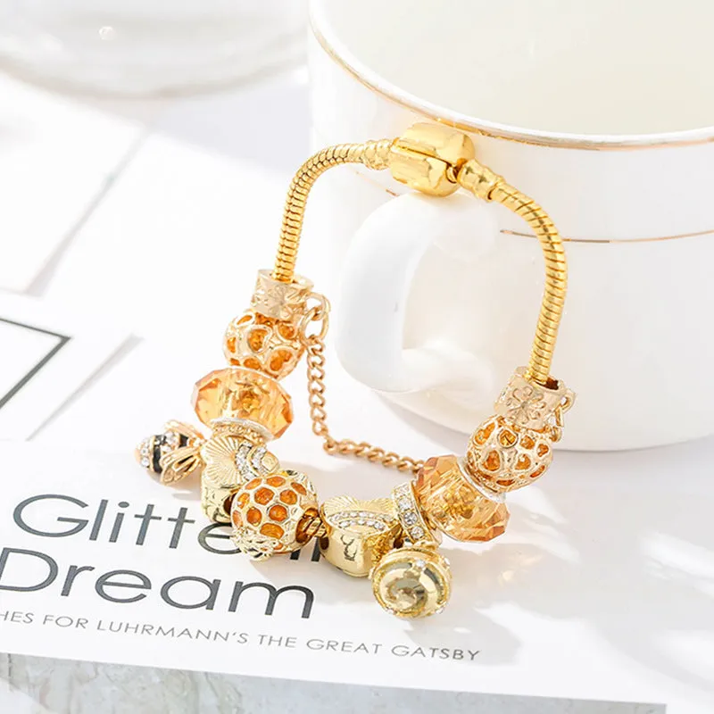 Gold-plated alloy bracelet with cartoon hardworking bee design for women, six length options from 16cm to 21cm