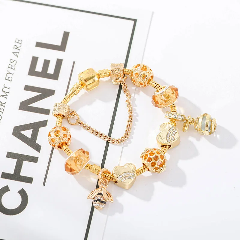 Gold-plated alloy bracelet with cartoon hardworking bee design for women, six length options from 16cm to 21cm