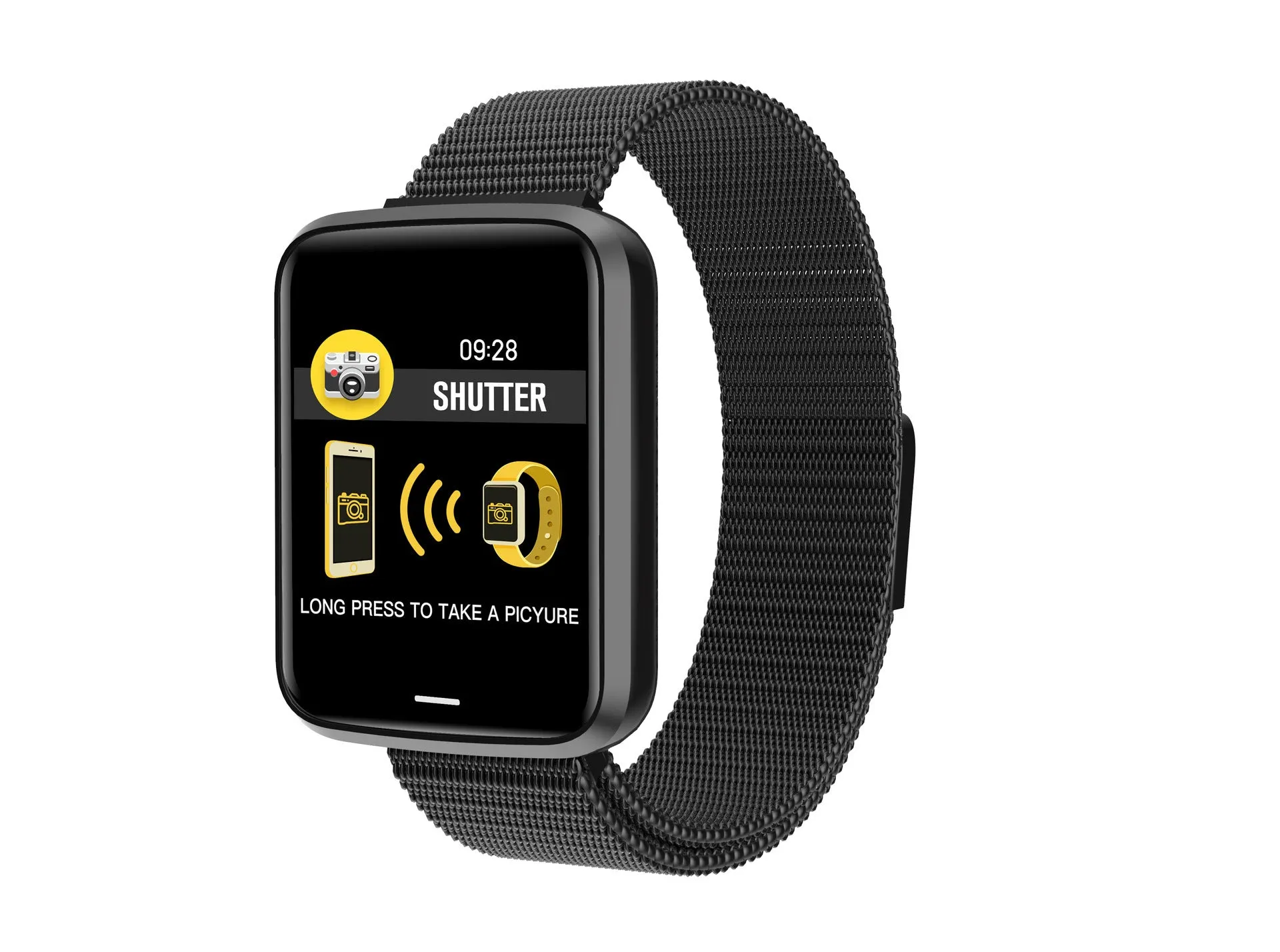 Private model smartwatch with black silicone strap showing 1.3-inch screen