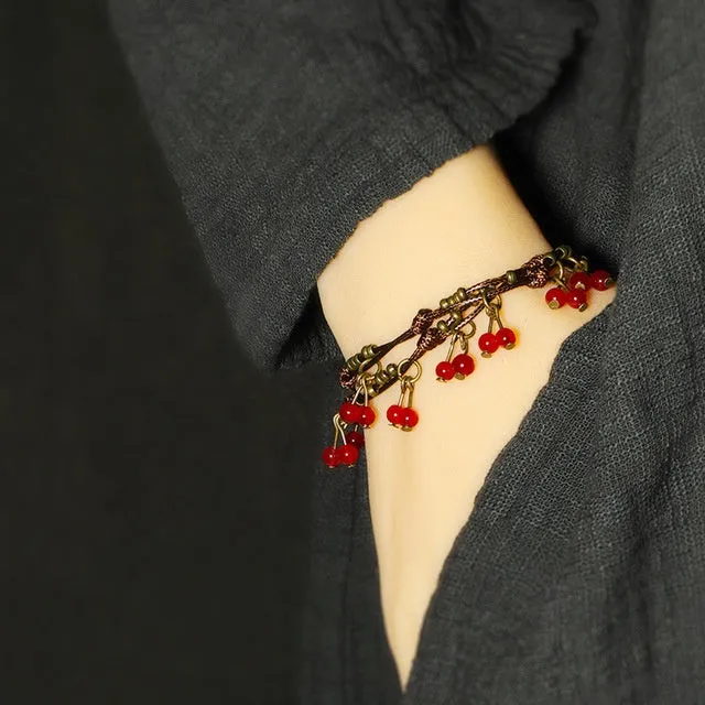 Double circle bracelet red colour quartzite jade stone handmade zinc alloy adjustable with extension chain