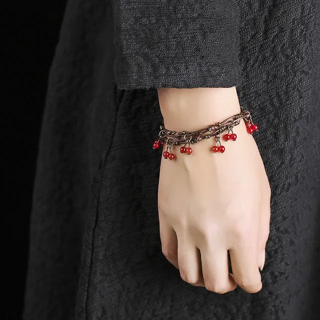 Double circle bracelet red colour quartzite jade stone handmade zinc alloy adjustable with extension chain