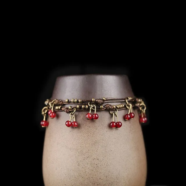 Double circle bracelet red colour quartzite jade stone handmade zinc alloy adjustable with extension chain