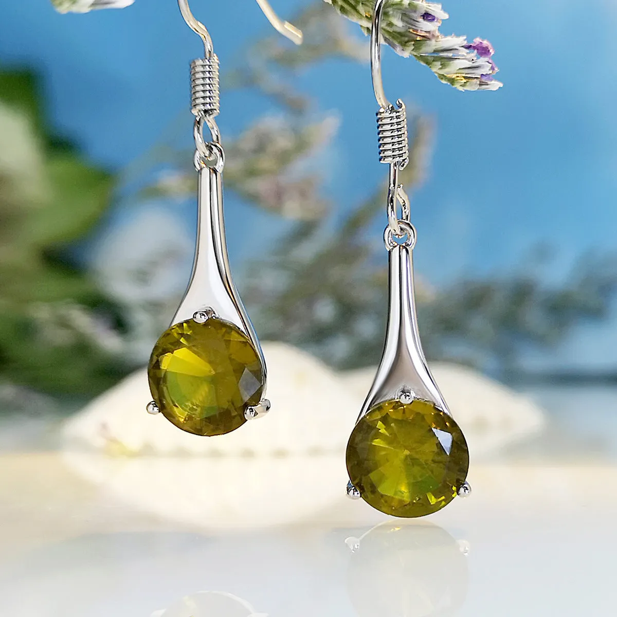 Women's olive green topaz earrings with water drop shape and retro minimalist design