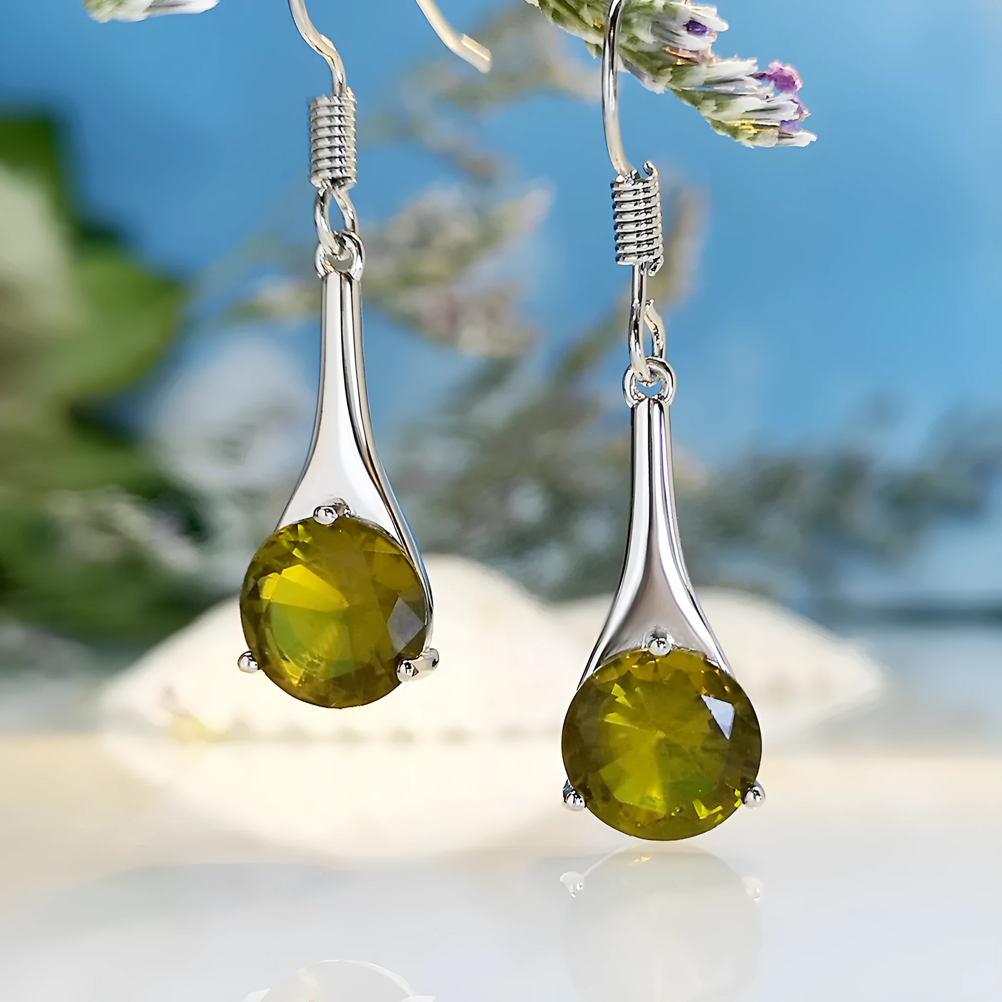 Women's olive green topaz earrings with water drop shape and retro minimalist design