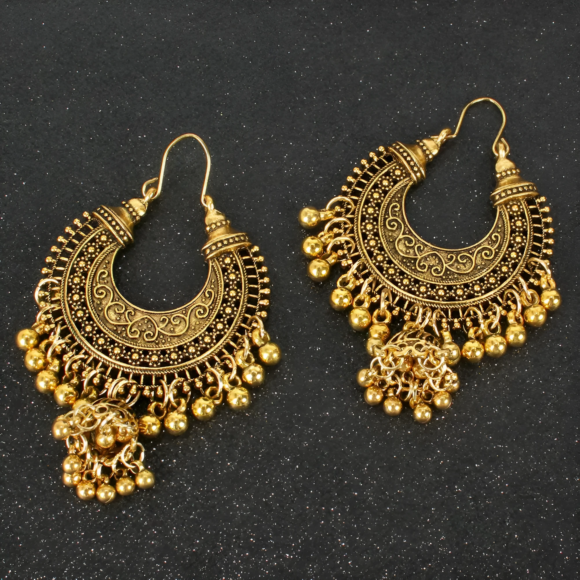 Gold bell tassel earrings with diamond lens centre and alloy inlaid artificial gemstone