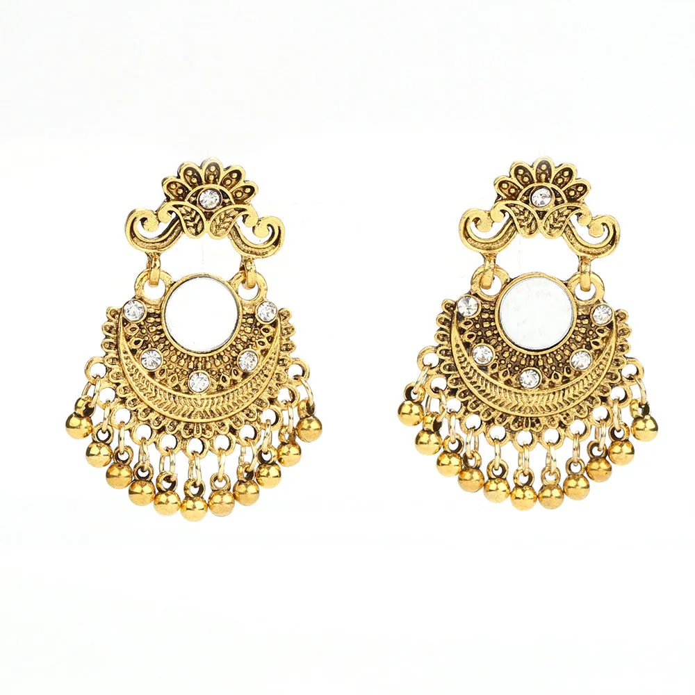 Gold bell tassel earrings with diamond lens centre and alloy inlaid artificial gemstone