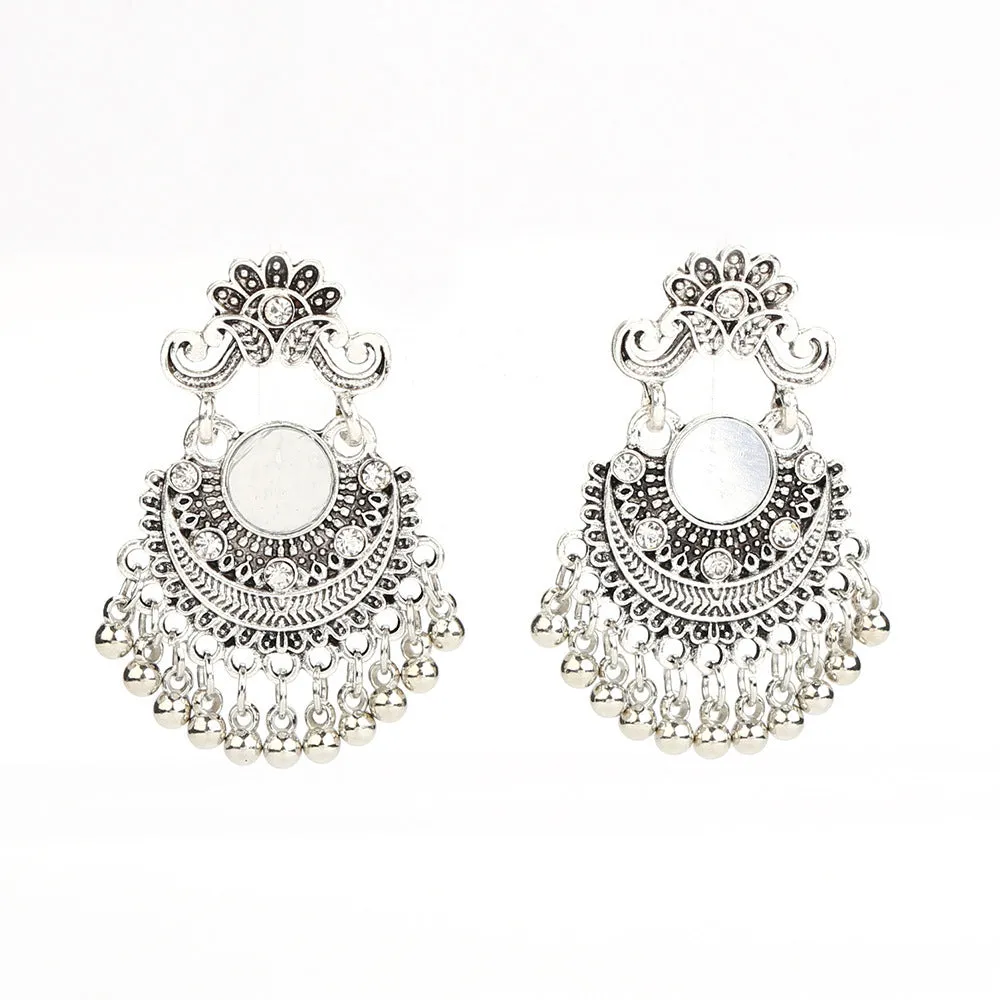 Gold bell tassel earrings with diamond lens centre and alloy inlaid artificial gemstone