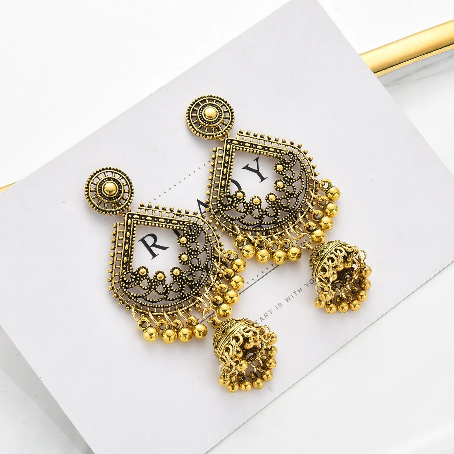 Gold bell tassel earrings with diamond lens centre and alloy inlaid artificial gemstone