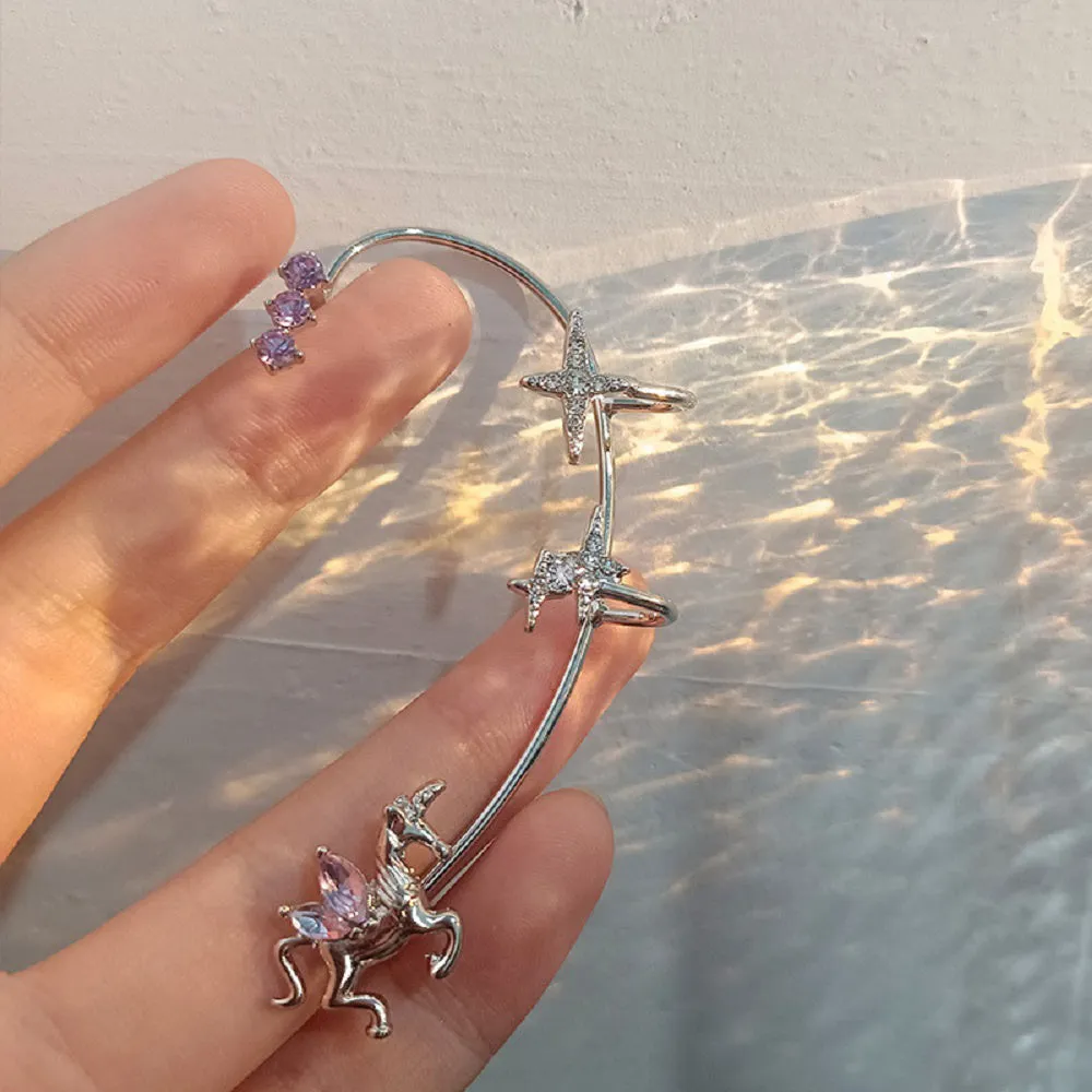 Women's dainty butterfly sequins non-pierced earrings set with metal cuff and screw back chain linked design