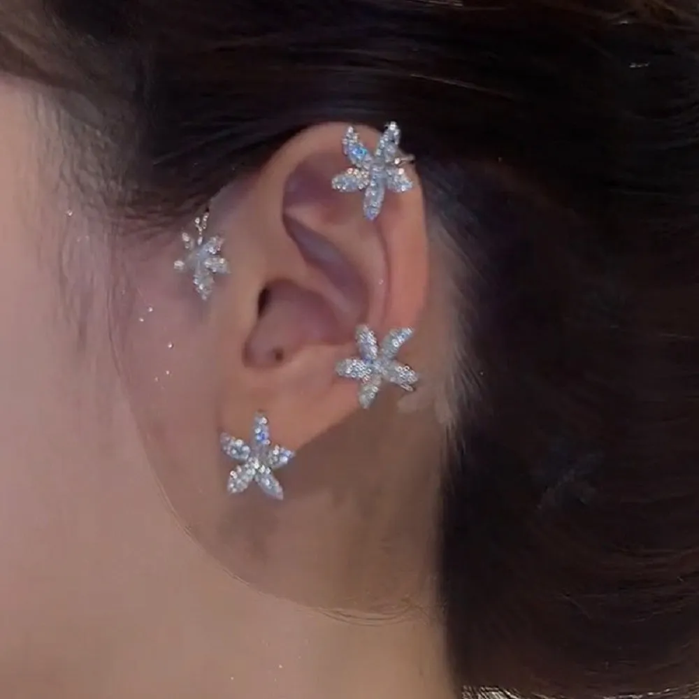 Women's dainty butterfly sequins non-pierced earrings set with metal cuff and screw back chain linked design