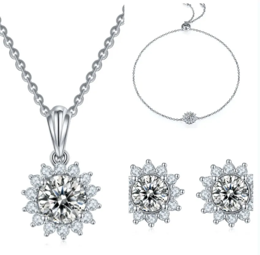 925 silver three-piece jewellery set with moissanite pendant necklace, stud earrings, and bracelet on display