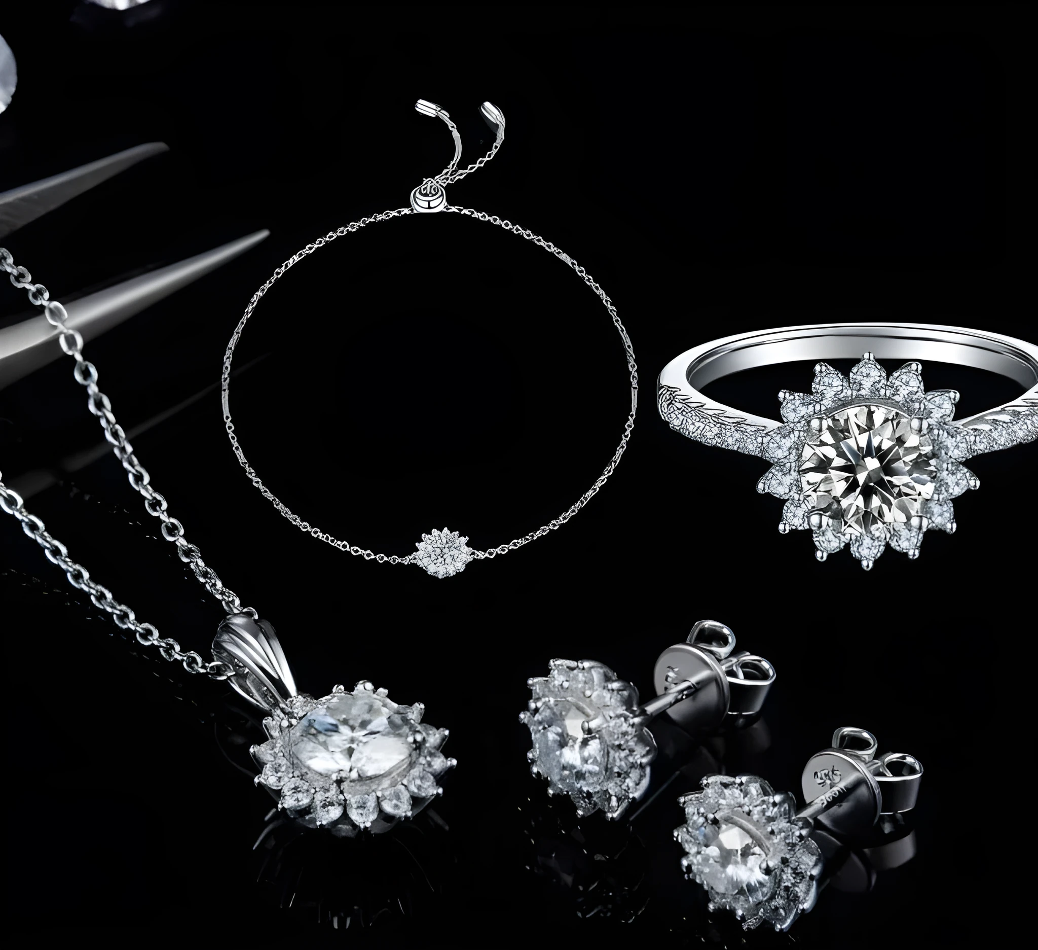 925 silver three-piece jewellery set with moissanite pendant necklace, stud earrings, and bracelet on display