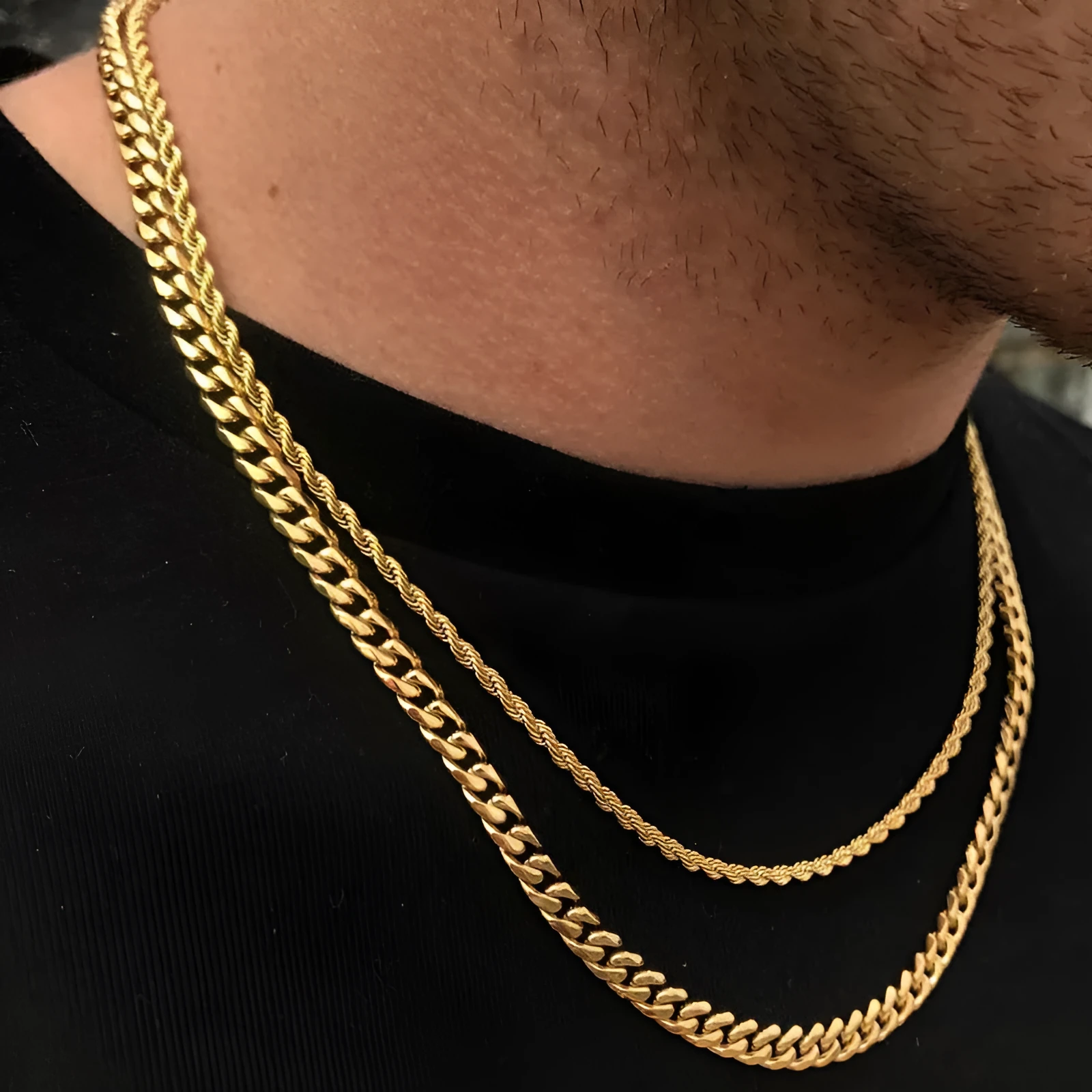 Men's stainless steel cube rope chain necklace in silver finish on a neutral background, 18-24 inch lengths available