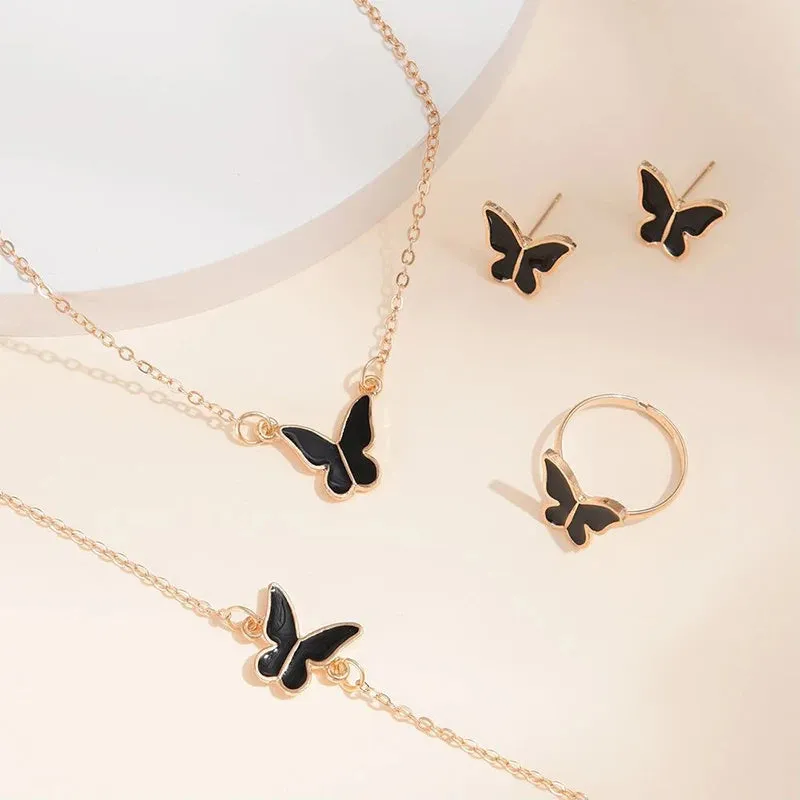 Five-piece butterfly pendant jewellery set for women including necklace earrings ring bracelet in black alloy electroplated finish