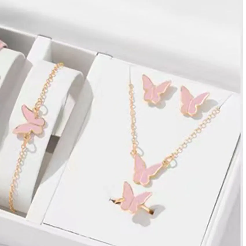 Five-piece butterfly pendant jewellery set for women including necklace earrings ring bracelet in black alloy electroplated finish