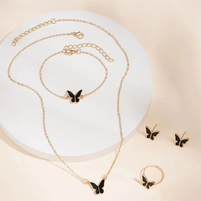 Five-piece butterfly pendant jewellery set for women including necklace earrings ring bracelet in black alloy electroplated finish