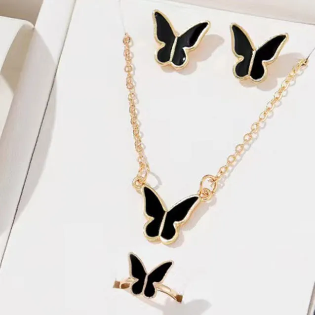 Five-piece butterfly pendant jewellery set for women including necklace earrings ring bracelet in black alloy electroplated finish