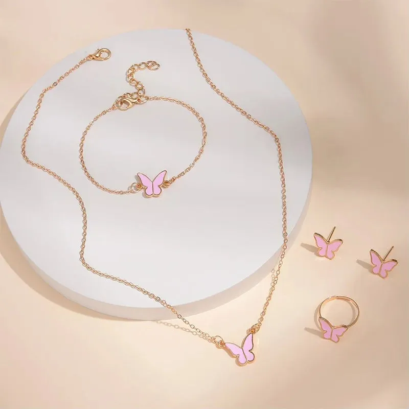 Five-piece butterfly pendant jewellery set for women including necklace earrings ring bracelet in black alloy electroplated finish