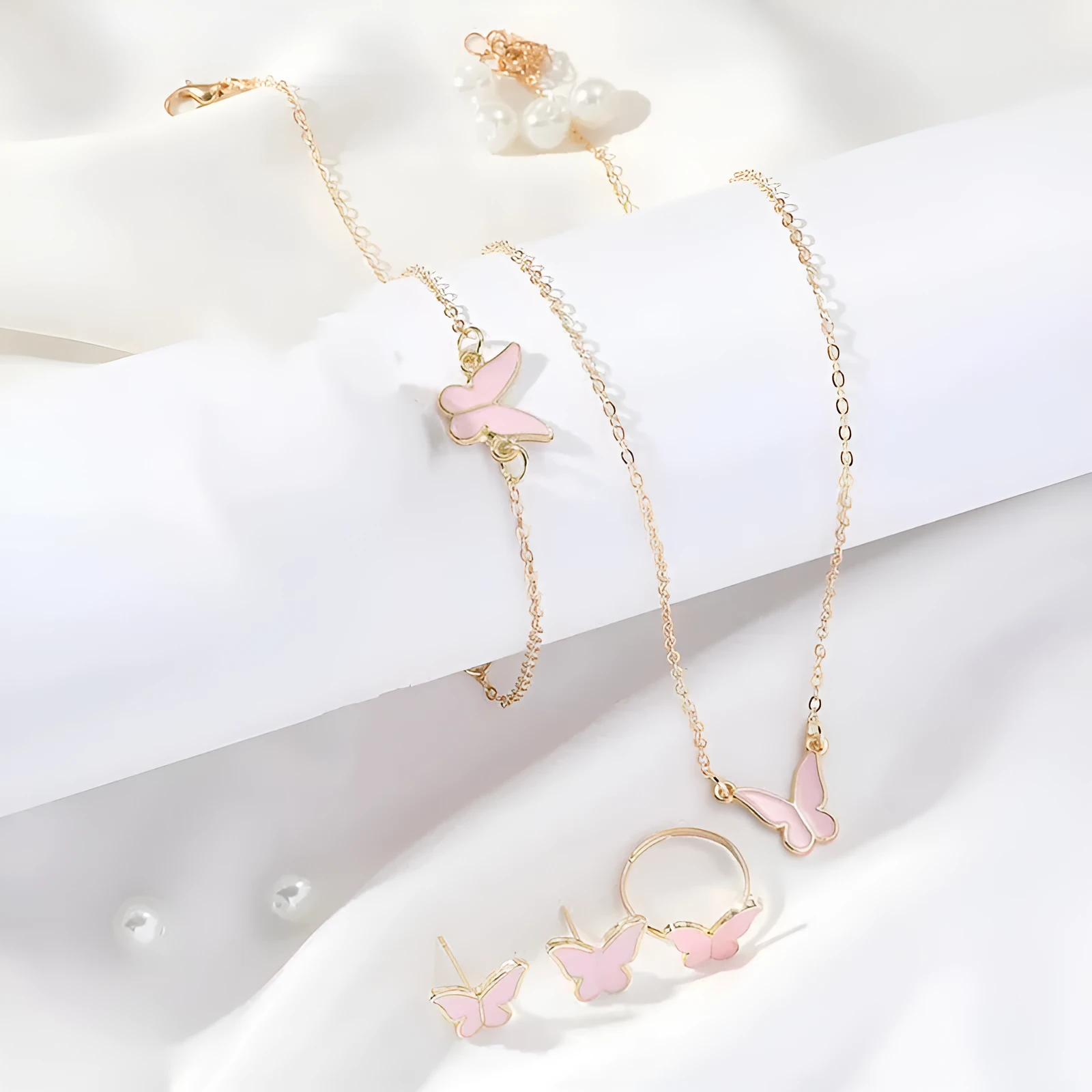 Five-piece butterfly pendant jewellery set for women including necklace earrings ring bracelet in black alloy electroplated finish