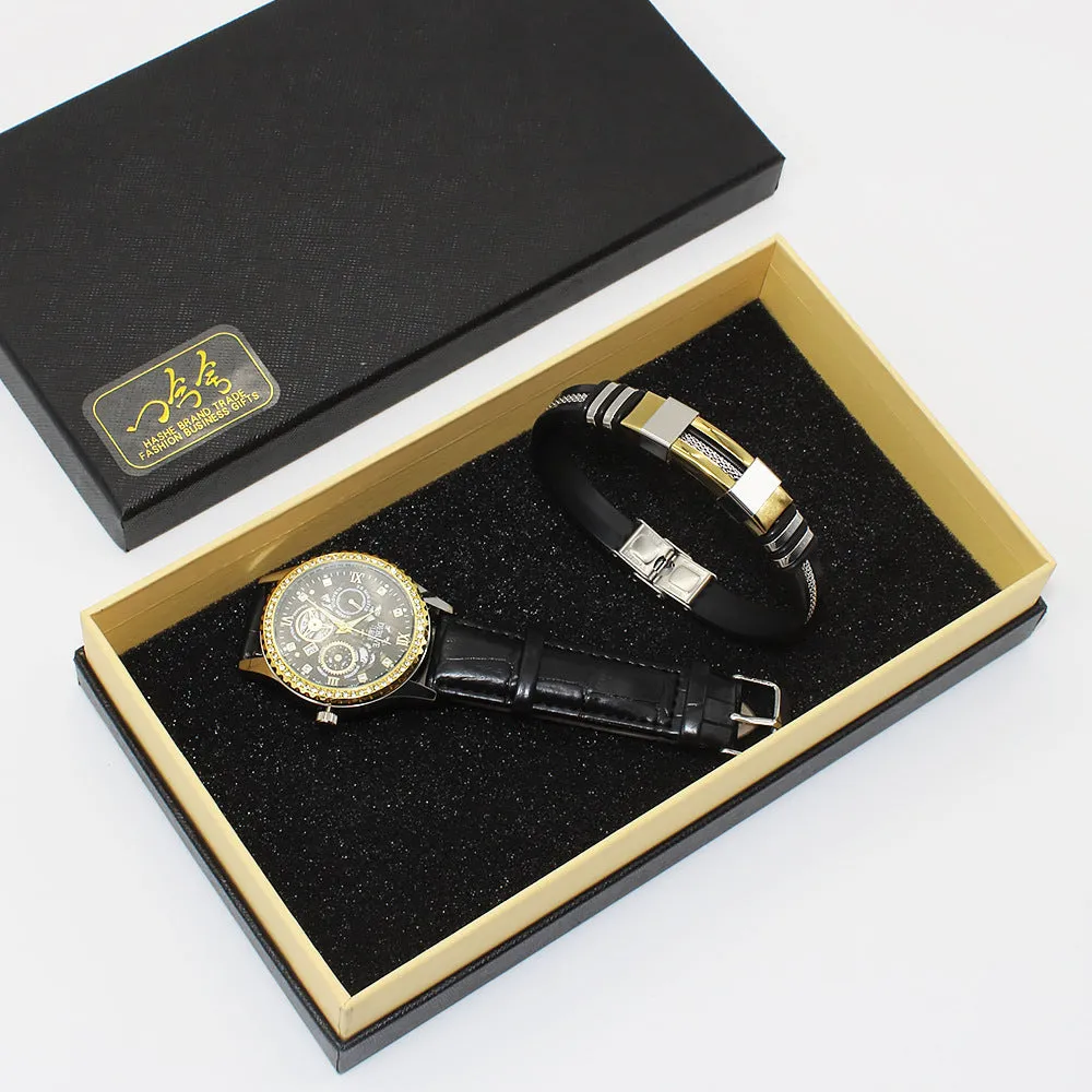 Black plate men's and women's couple watch set with metal bracelets in gift box