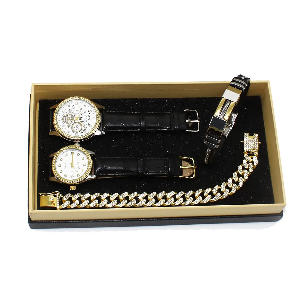Black plate men's and women's couple watch set with metal bracelets in gift box