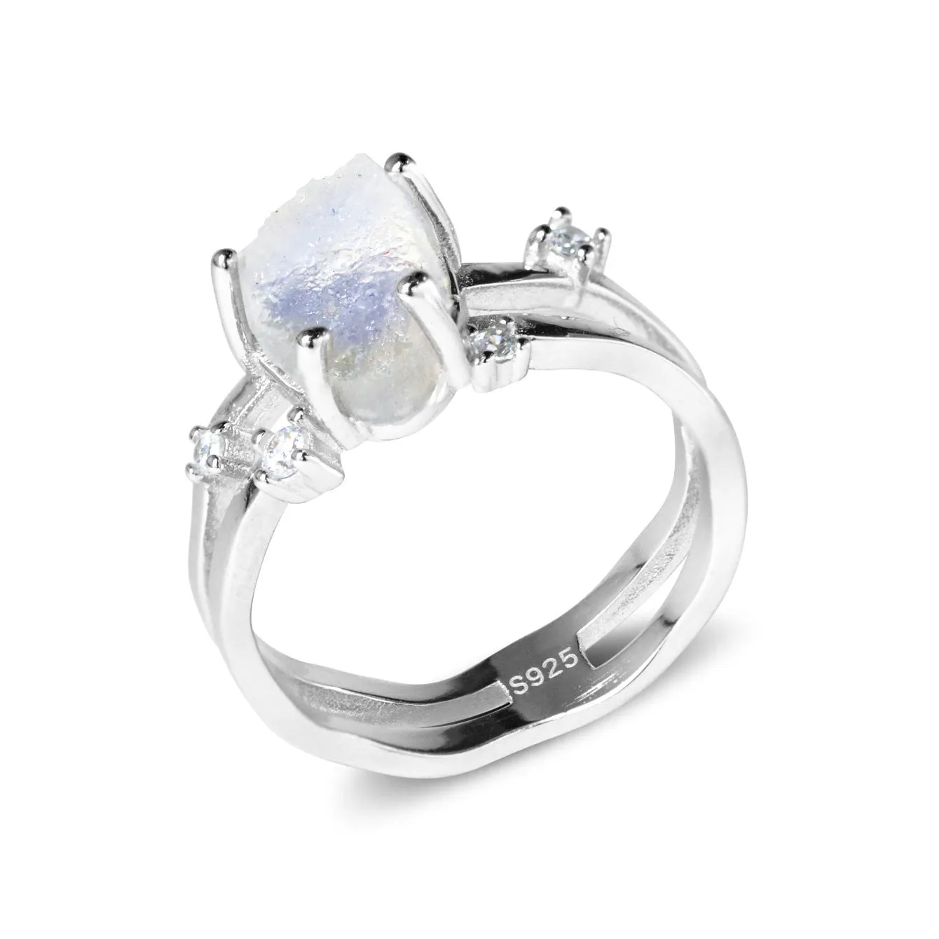 S925 sterling silver geometric ring with an irregular triangle moonstone in a choice of rose gold, white gold, or yellow gold finish.