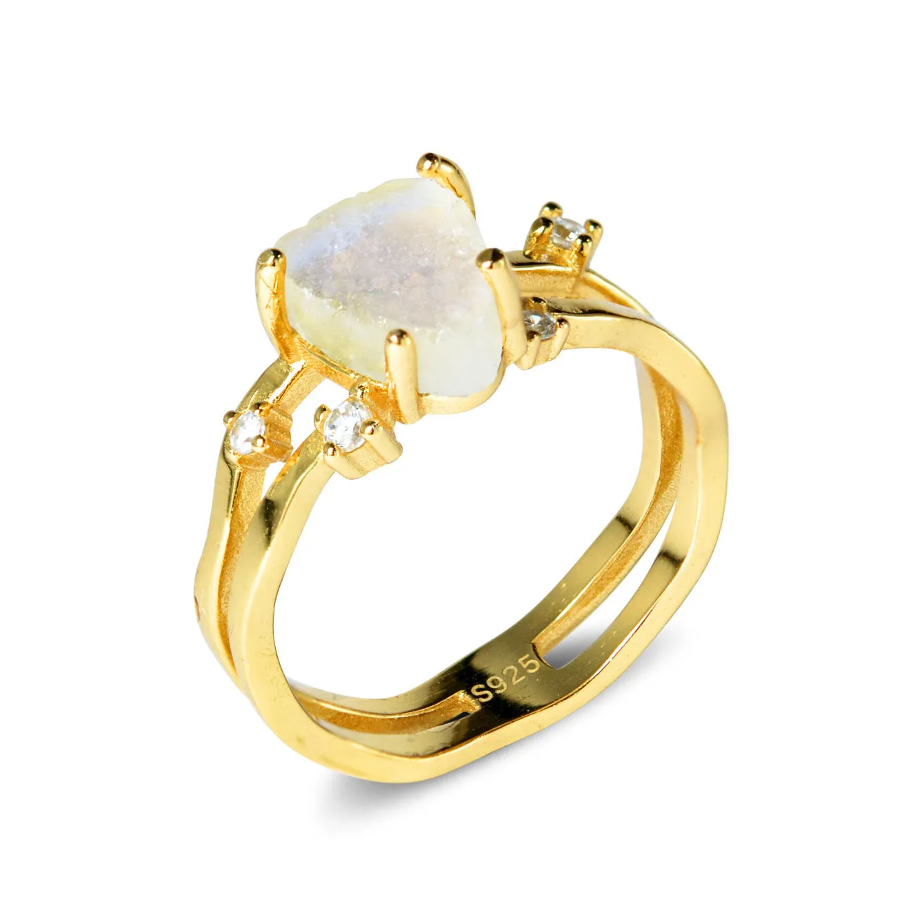 S925 sterling silver geometric ring with an irregular triangle moonstone in a choice of rose gold, white gold, or yellow gold finish.