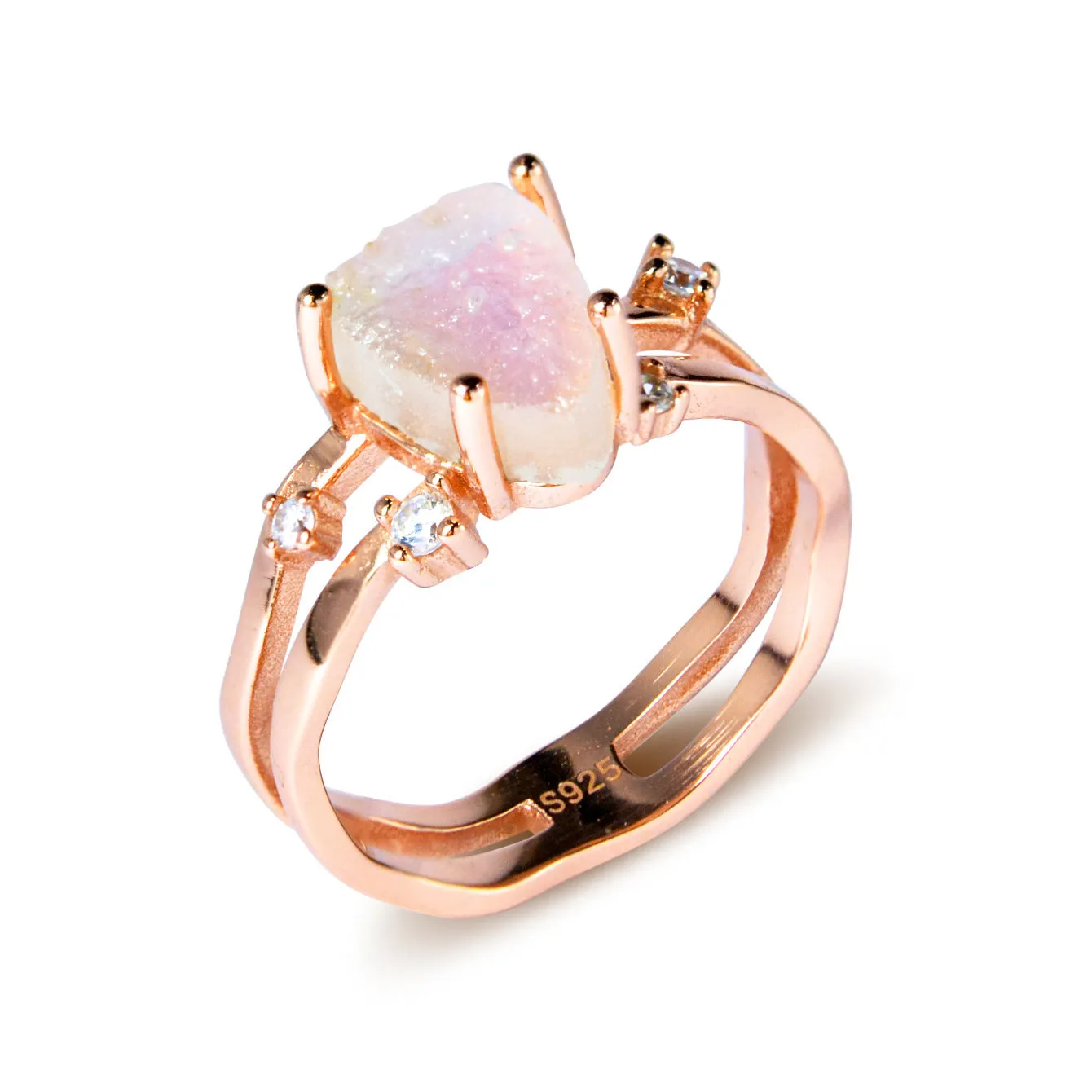 S925 sterling silver geometric ring with an irregular triangle moonstone in a choice of rose gold, white gold, or yellow gold finish.