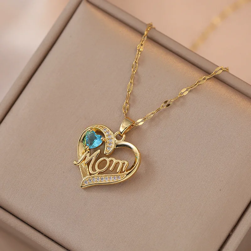Heart-shaped pendant necklace with high-grade zircon on titanium steel chain, three colour options
