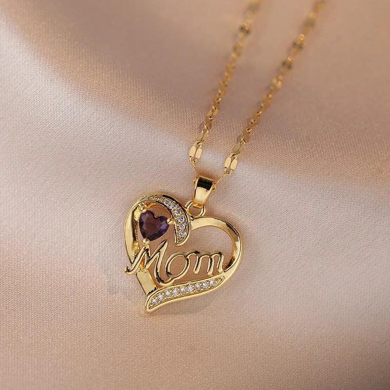 Heart-shaped pendant necklace with high-grade zircon on titanium steel chain, three colour options