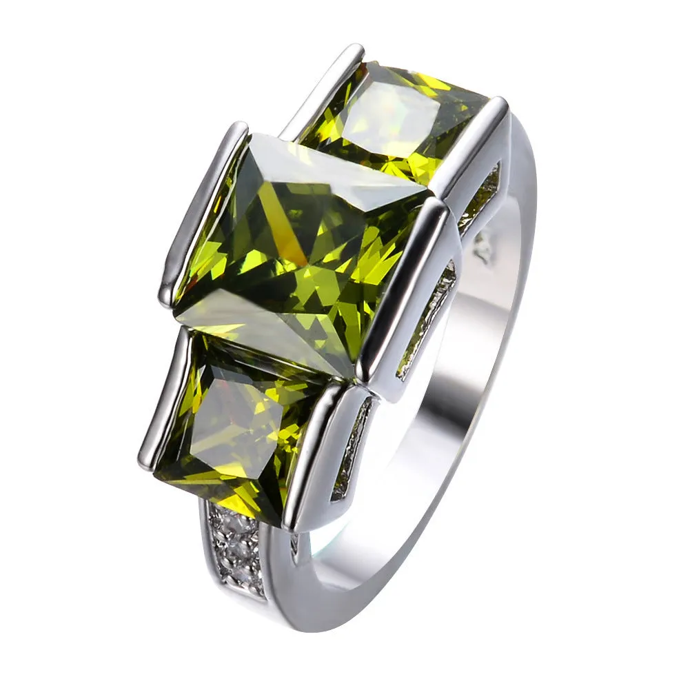 Electroplated copper women's ring in apple green colour with geometric design on size 8 finger