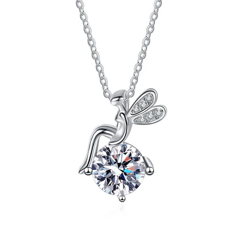 1 karat moissanite 925 sterling silver cartoon character pendant necklace with cross chain on white background