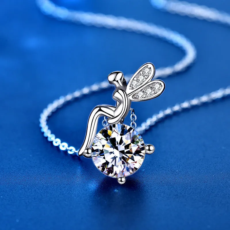 1 karat moissanite 925 sterling silver cartoon character pendant necklace with cross chain on white background