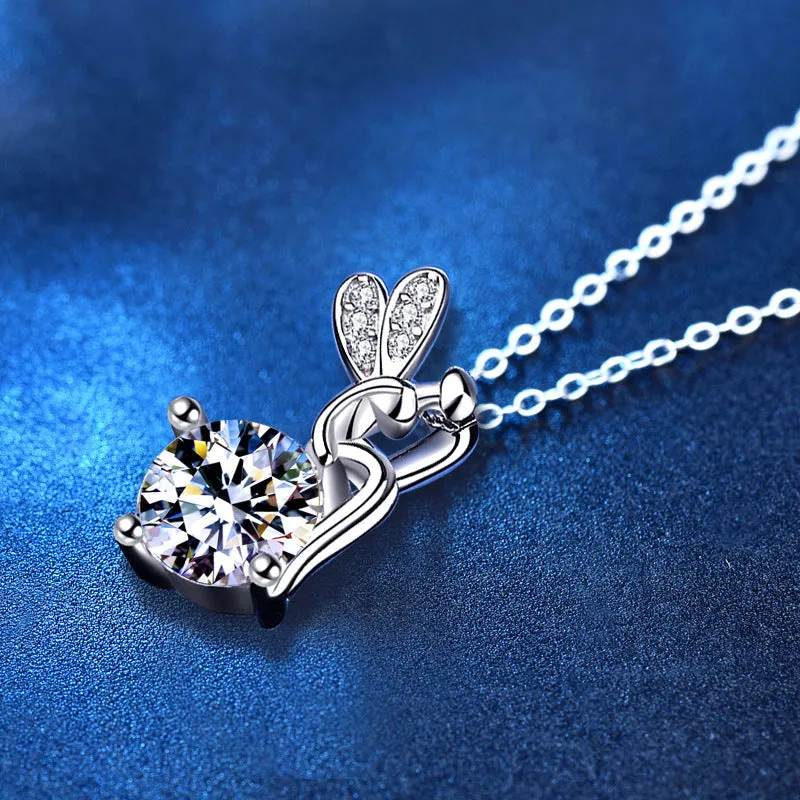 1 karat moissanite 925 sterling silver cartoon character pendant necklace with cross chain on white background