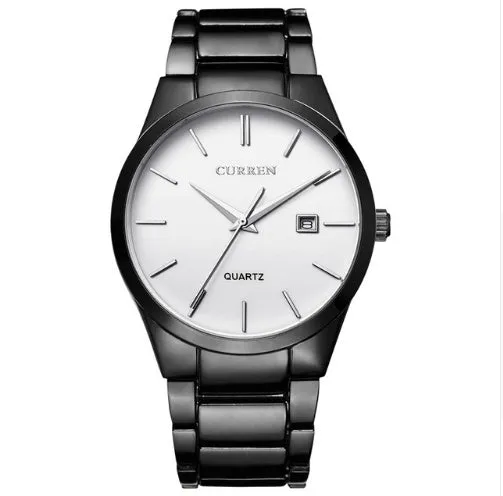 Men's analog quartz wristwatch with date display, 40mm dial, Hardlex crystal, black dial with silver bezel